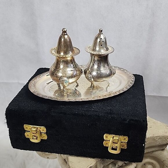 Vintage Silverplate Salt & Pepper with Tray and Crushed Velvet Case - Picture 1 of 10